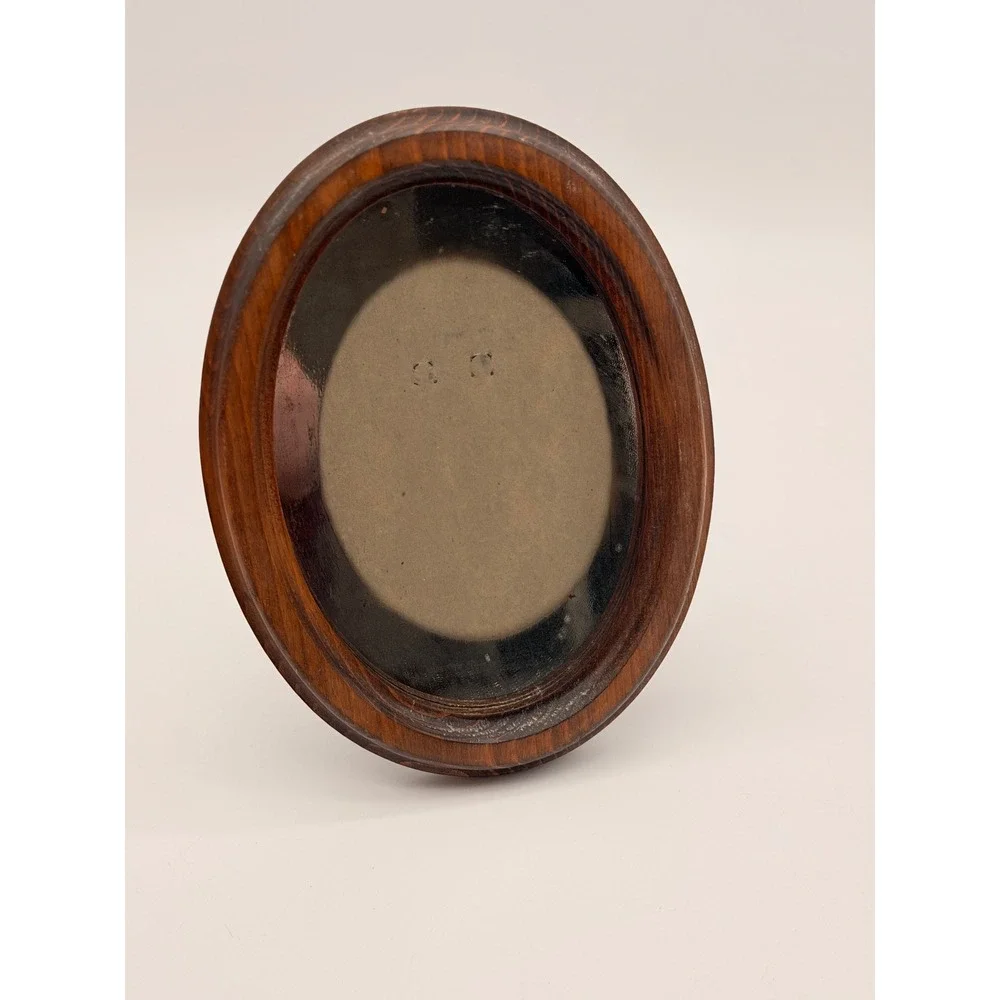 Vintage Oval Wood Picture Frame Brown Convex Bubble Glass Tabletop Wall 5x6